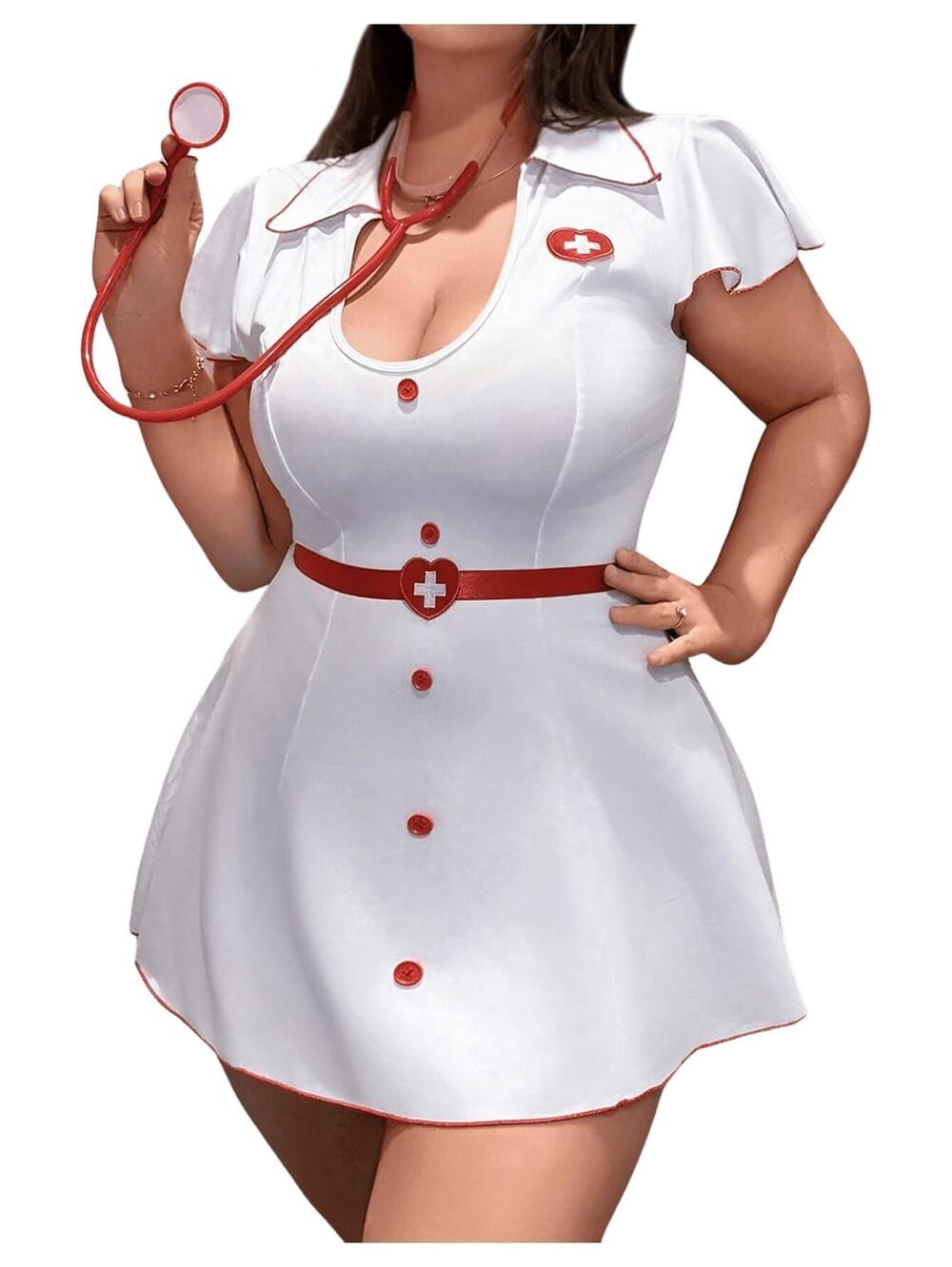 1818 Plus Size Nurse Costume Cosplay Zip Front Halter Lingerie Set